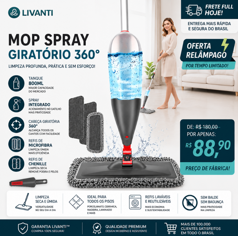 Mop Spray 800ml + Kit Completo com Microfibra, Esfregão, 3 Refis Laváveis - Oferta por Tempo Limitado 🔥