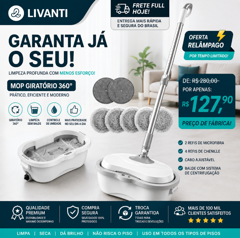 Mop Elétrico 360º + BRINDES: Módulos de Limpeza e Tanque Suporte - Oferta Relâmpago⚡