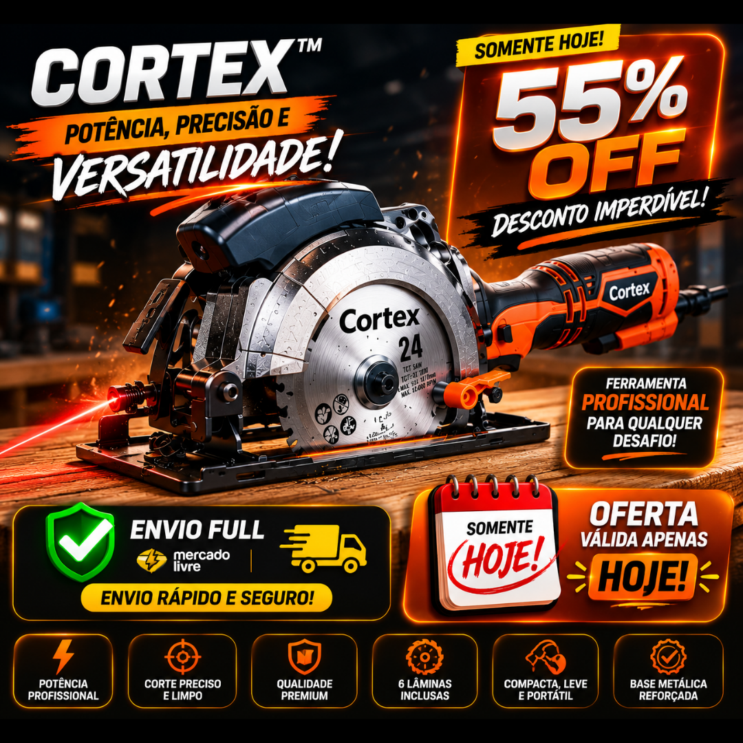 Serra Elétrica Circular Cortex Multiuso, 6 Lâminas Inclusas + BRINDES: Óculos de Proteção e Trena 7.5 Metros
