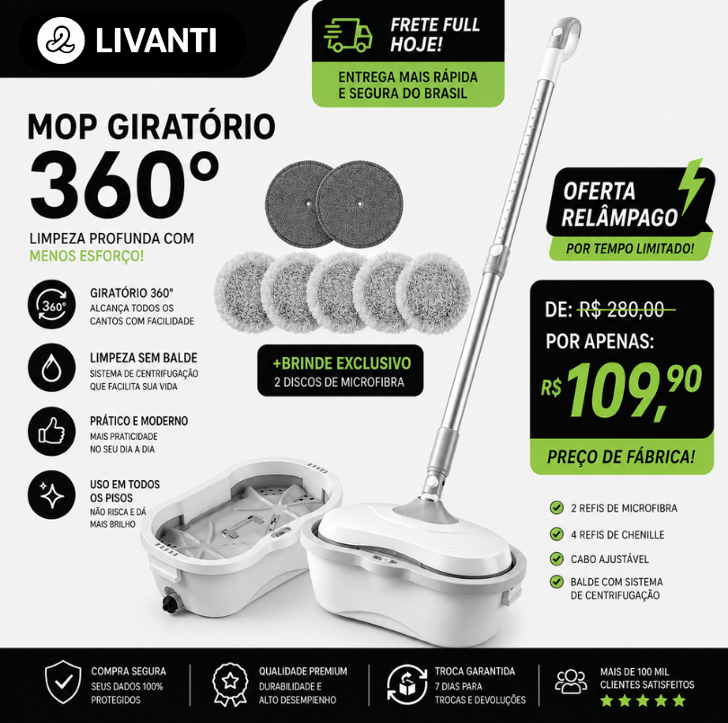 Mop Elétrico 360º + BRINDES: Módulos de Limpeza e Tanque Suporte - Oferta Relâmpago⚡